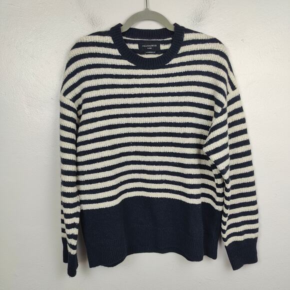 AllSaints Keet Crew Sweater Womens Large Wool Blend White Black Stripes Preppy - Picture 1 of 10